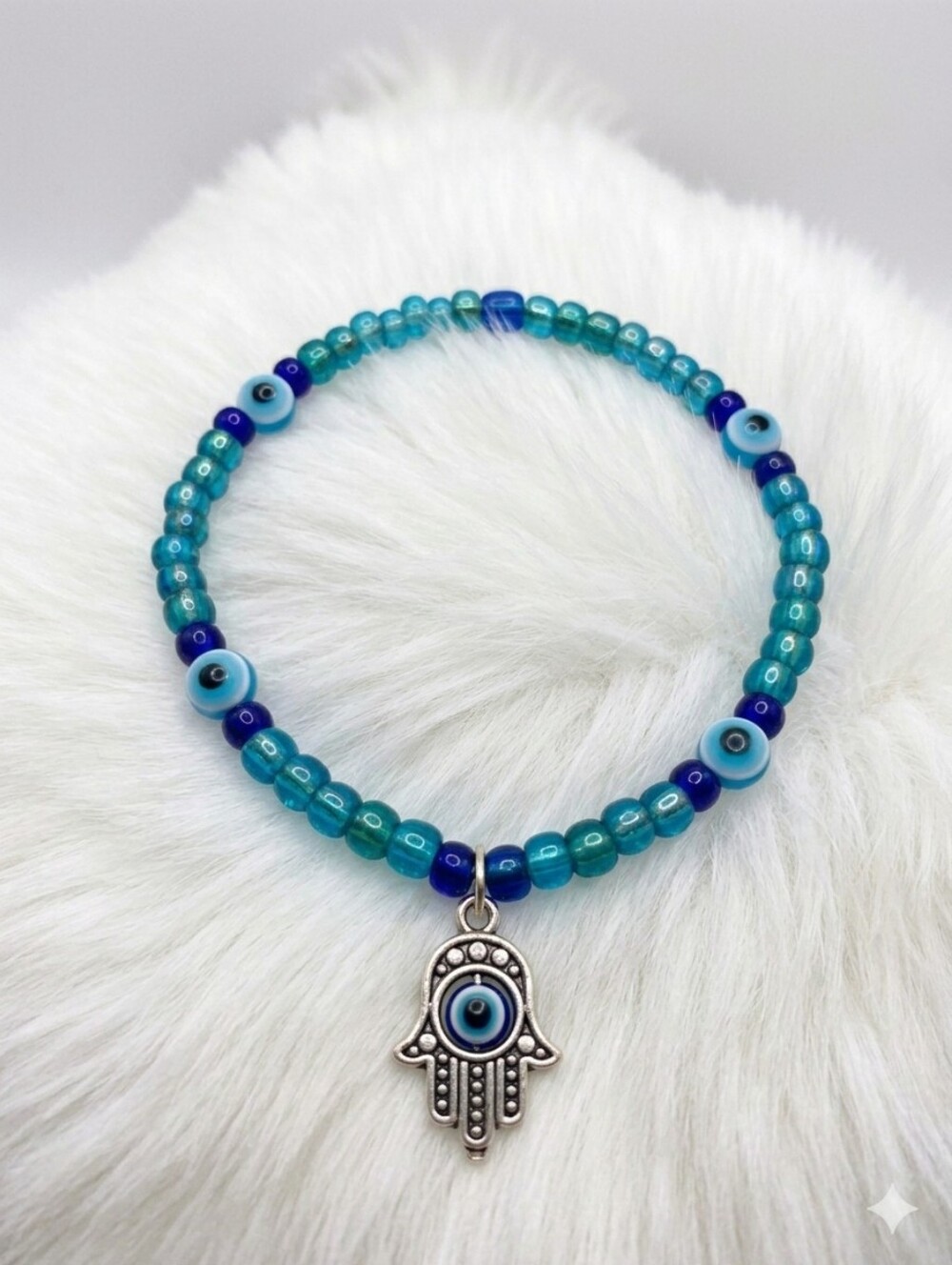 Teal Blue Hamsa Eye Beaded Bracelet